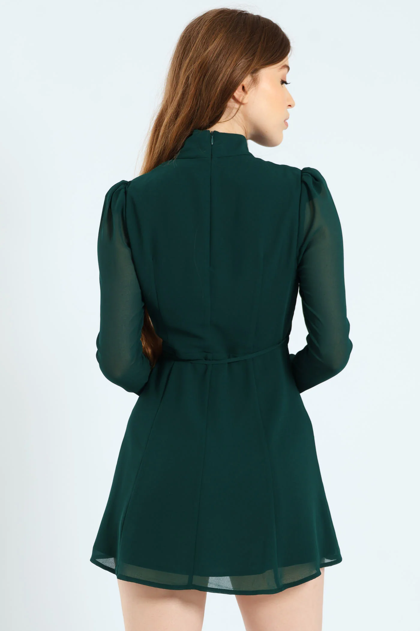 Chiffon Keyhole Tie-Waist Mini Dress - Hunter Green - Image 5