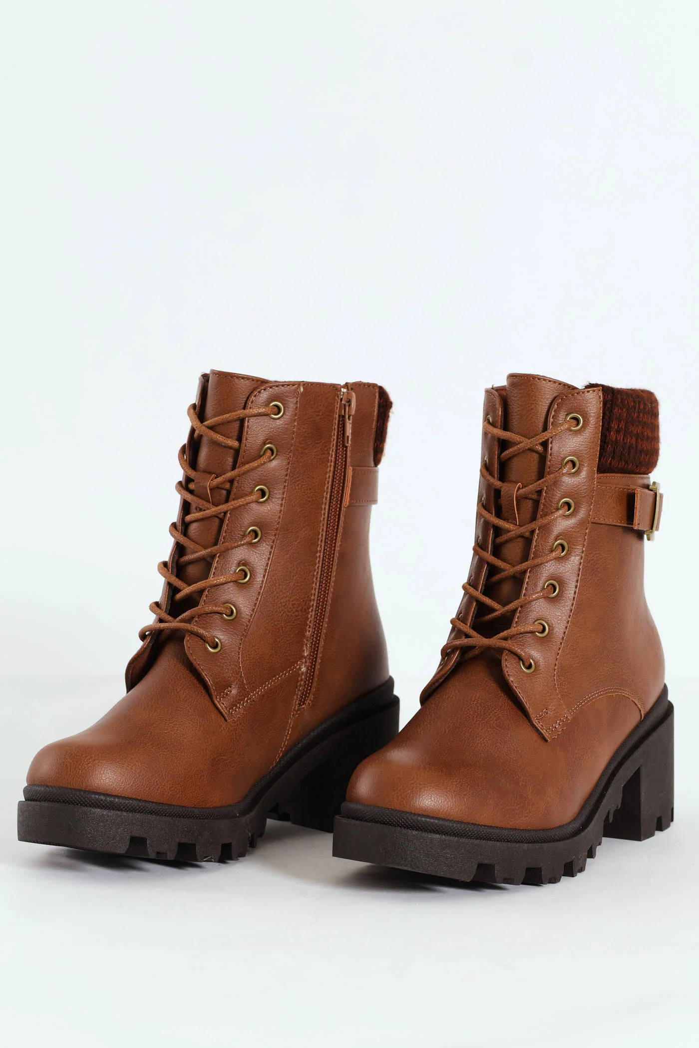 Chunky Military Boot With Sock Detail & Buckle Trim -Tan - Image 3