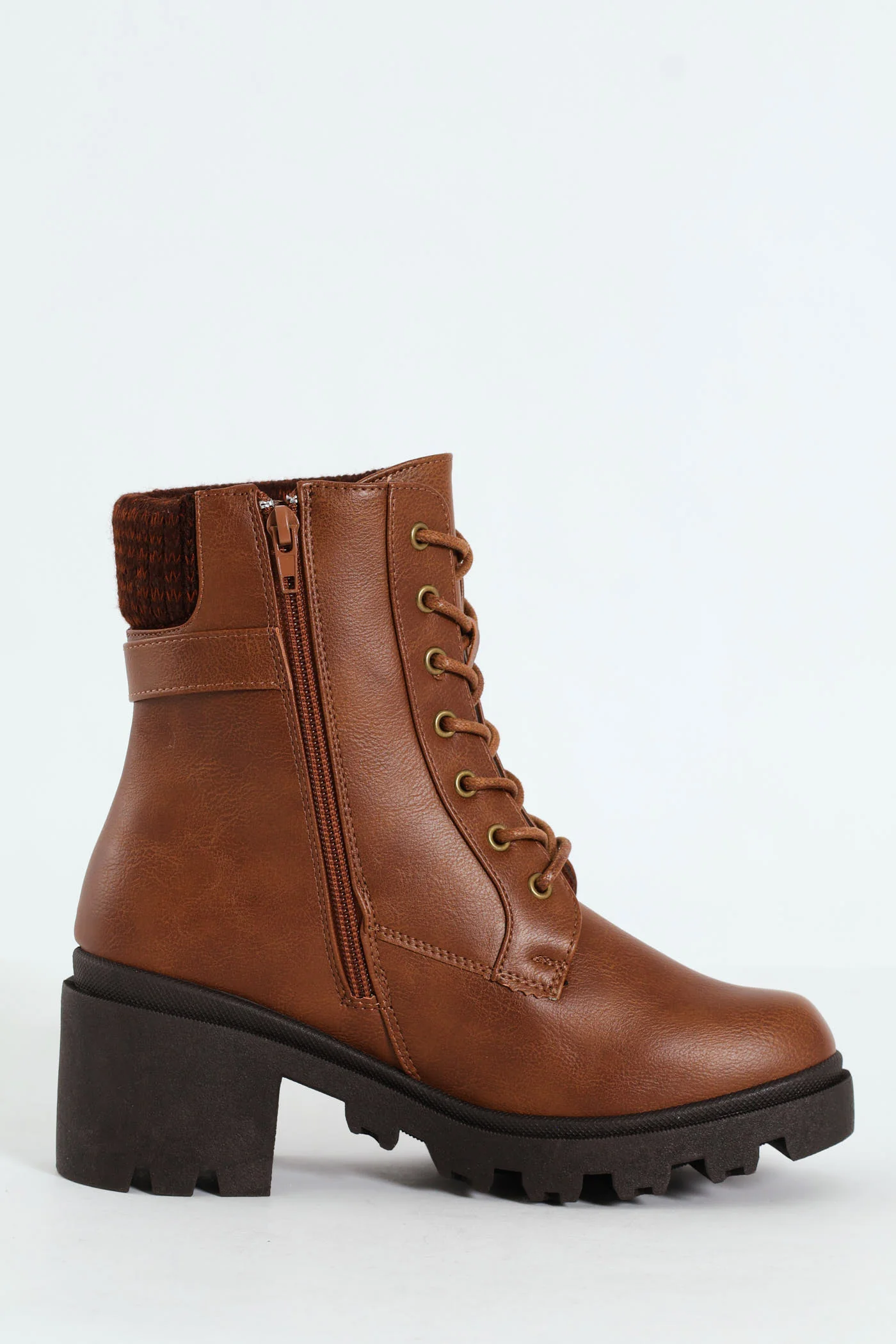 Chunky Military Boot With Sock Detail & Buckle Trim -Tan - Image 4