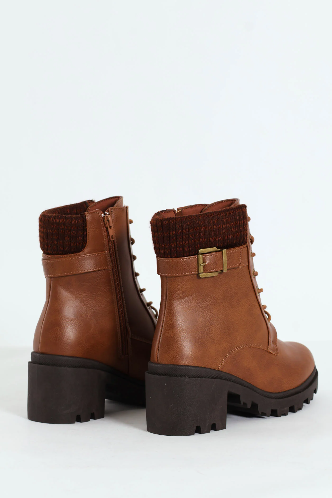 Chunky Military Boot With Sock Detail & Buckle Trim -Tan - Image 5