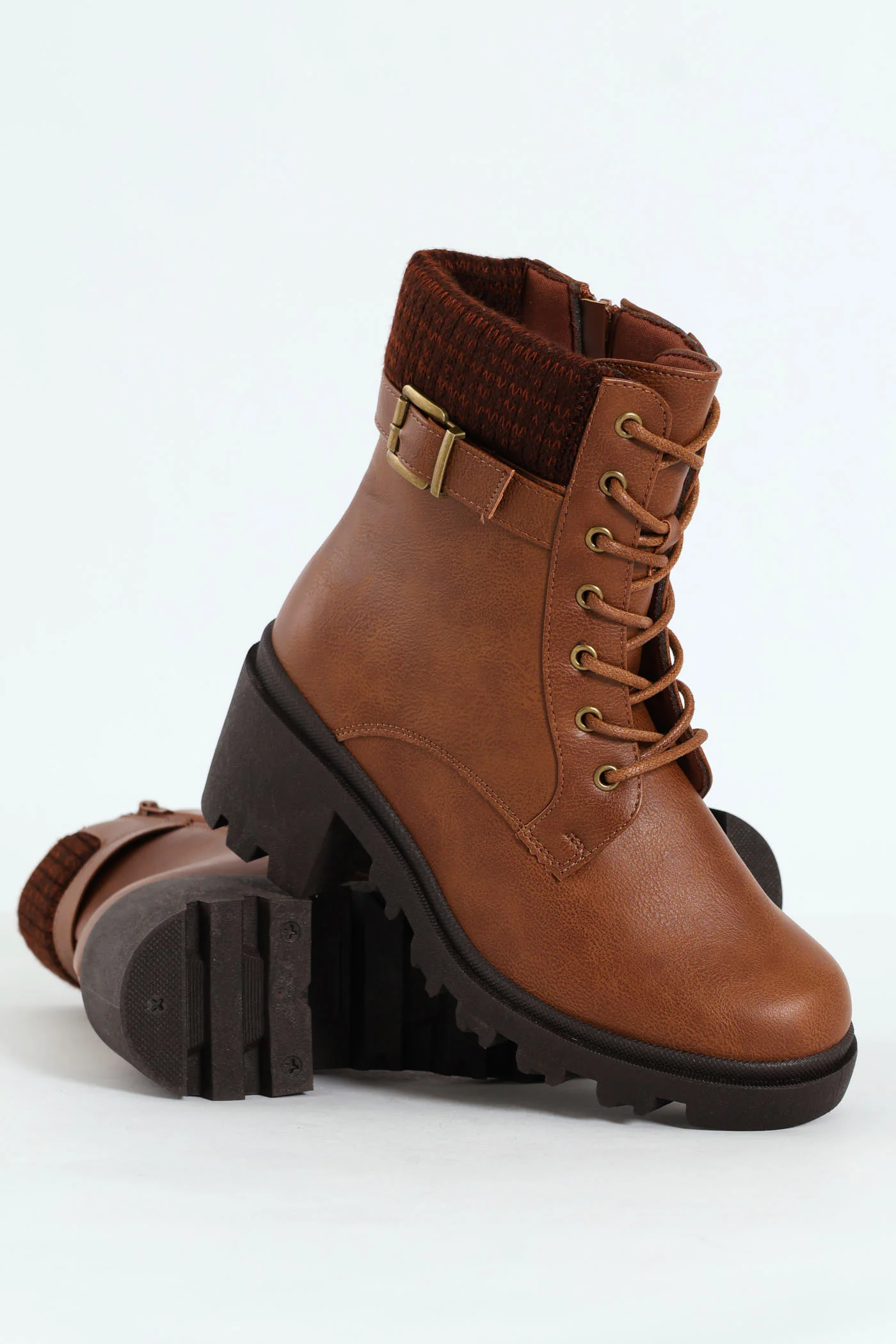 Chunky Military Boot With Sock Detail & Buckle Trim -Tan - Image 6