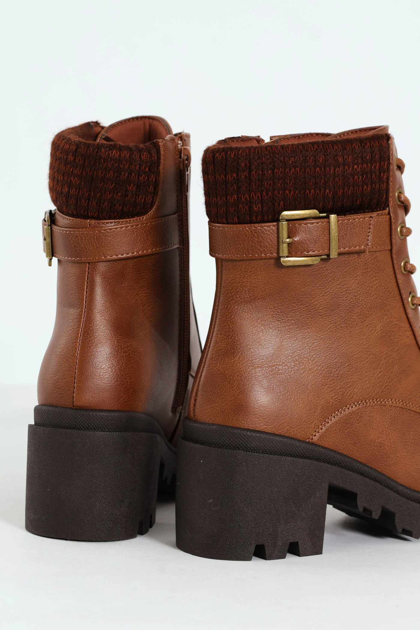 Chunky Military Boot With Sock Detail & Buckle Trim -Tan - Image 7