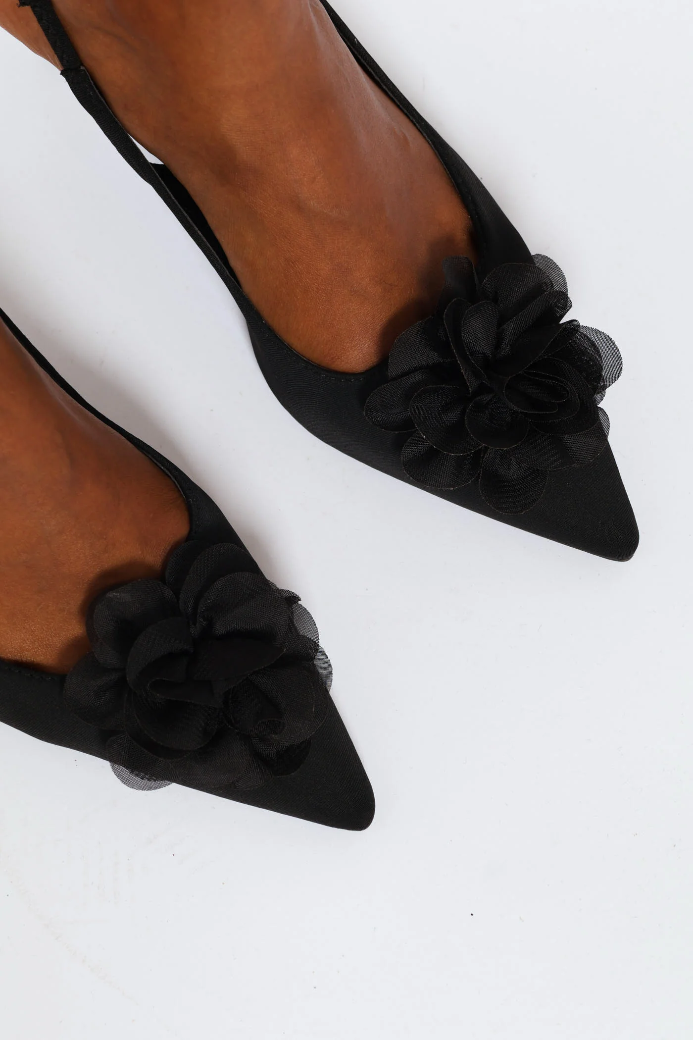 Chiffon Flower Kitten Slingback Heel - Black - Image 2