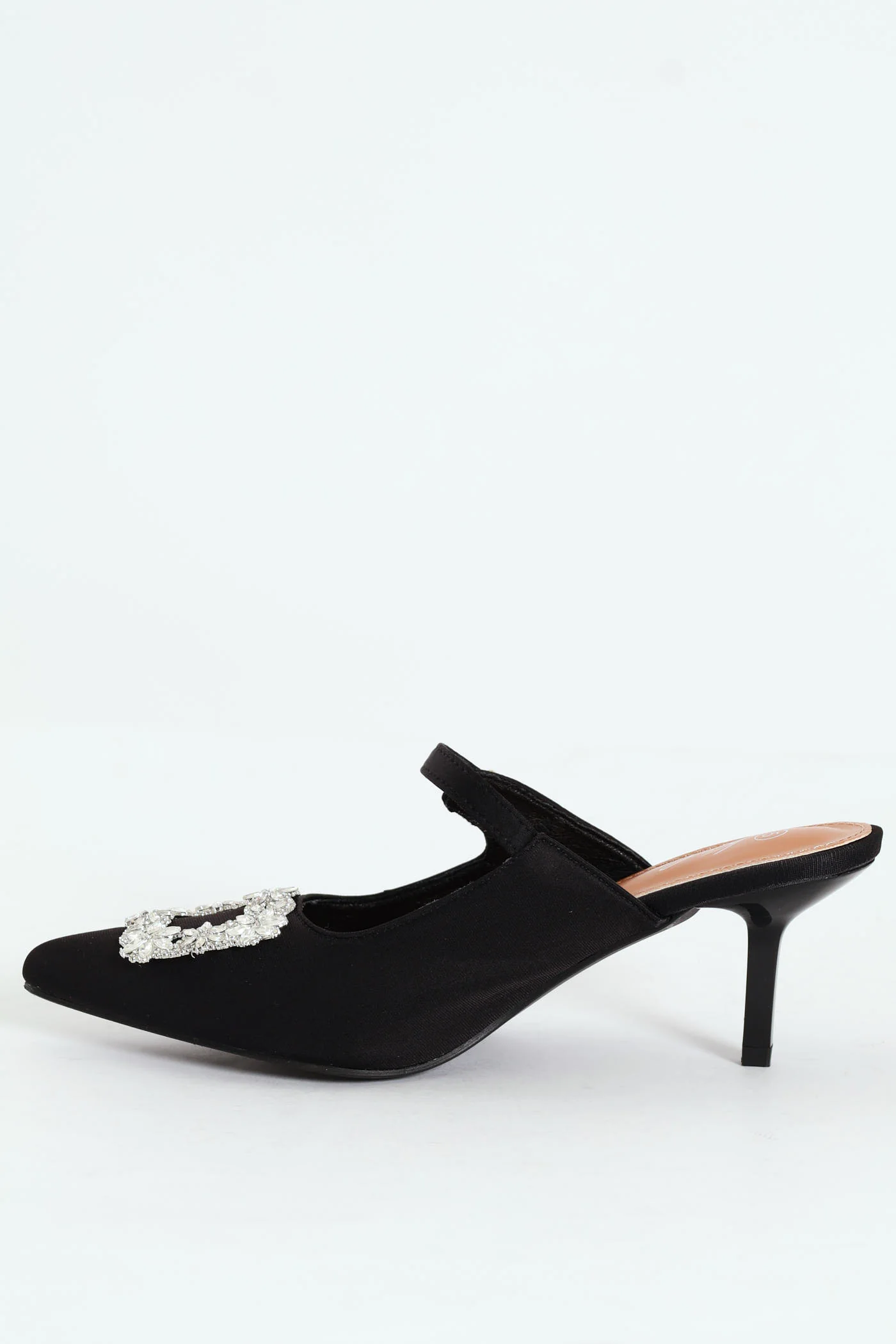 Circle Diamante Trim Pointy Kitten Mule Heel - Black - Image 2