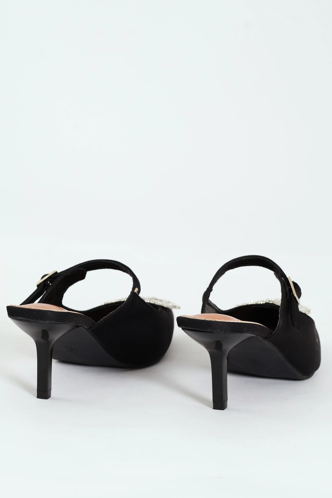 Circle Diamante Trim Pointy Kitten Mule Heel - Black - Image 3