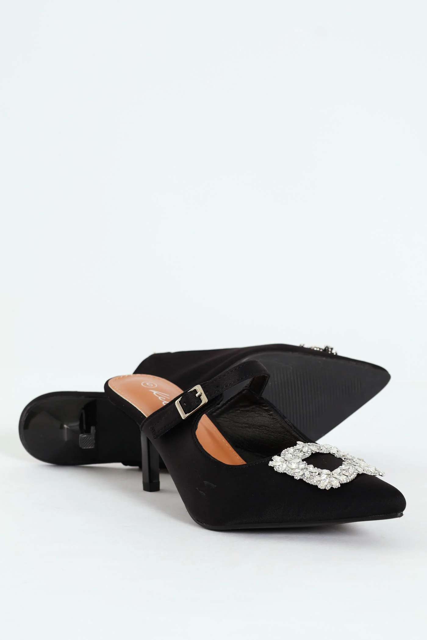 Circle Diamante Trim Pointy Kitten Mule Heel - Black - Image 4