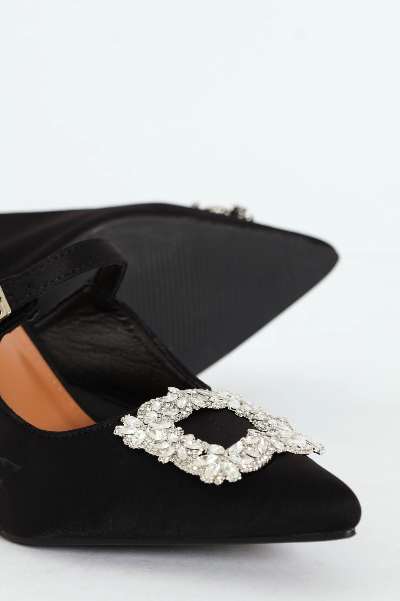 Circle Diamante Trim Pointy Kitten Mule Heel - Black - Image 5