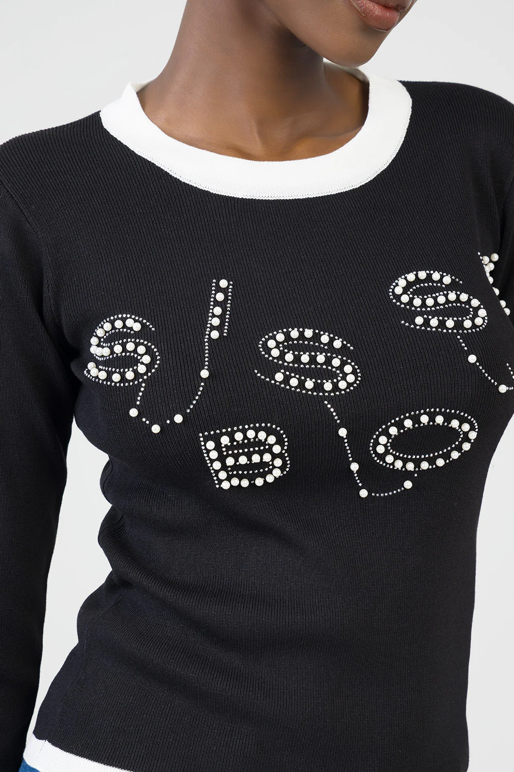 City Lights Long Sleeve Knit Top With Tipping - Black/White - Image 2