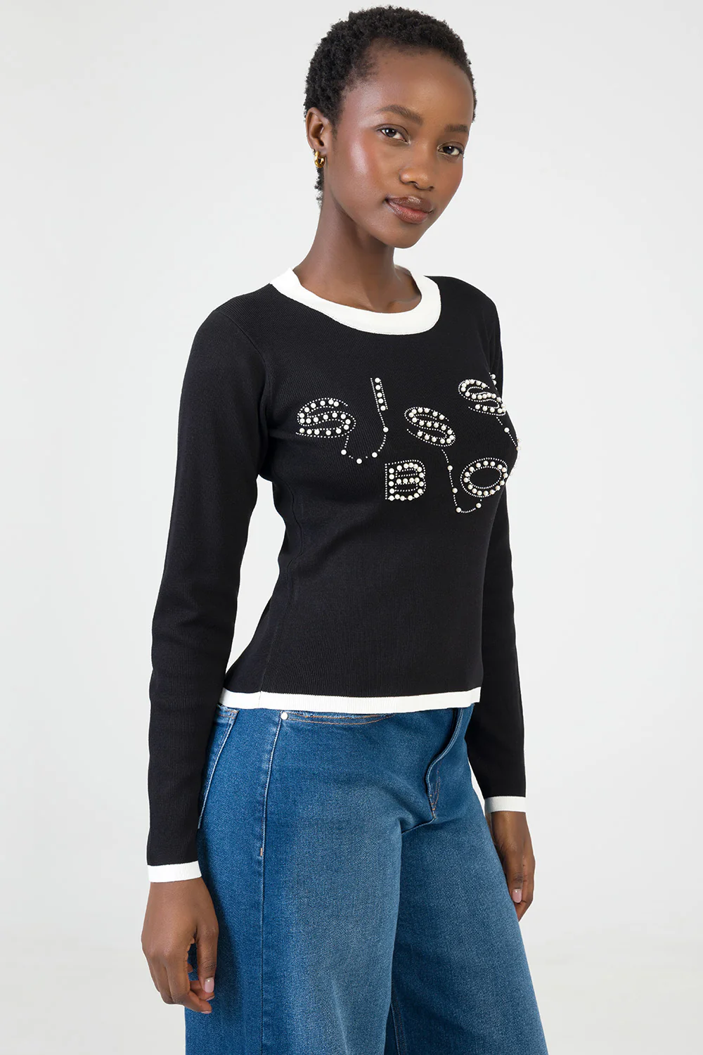 City Lights Long Sleeve Knit Top With Tipping - Black/White - Image 3