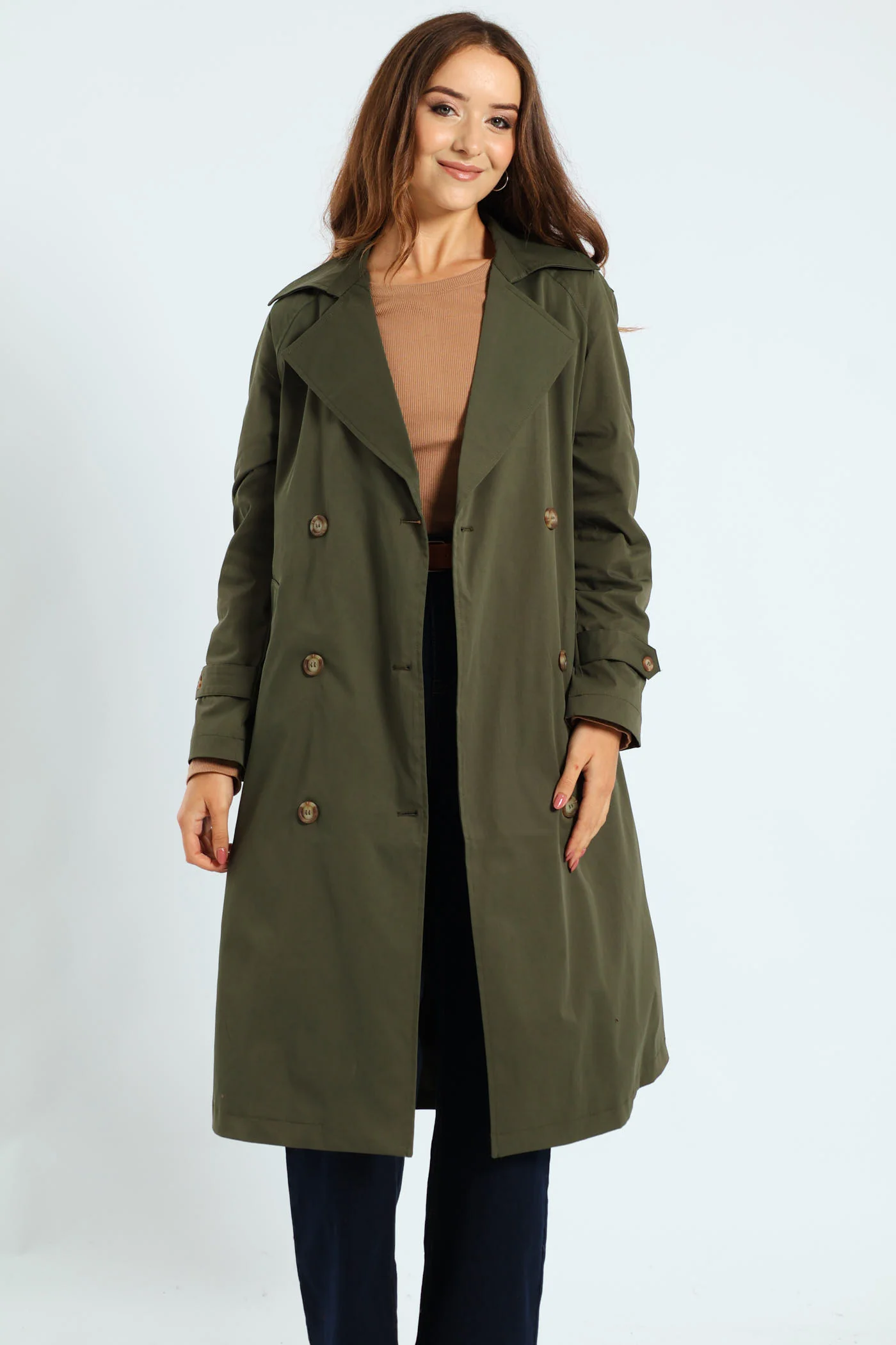 Classic Button Detail Trench Coat With Epaulettes - Dark Fatigue - Image 2