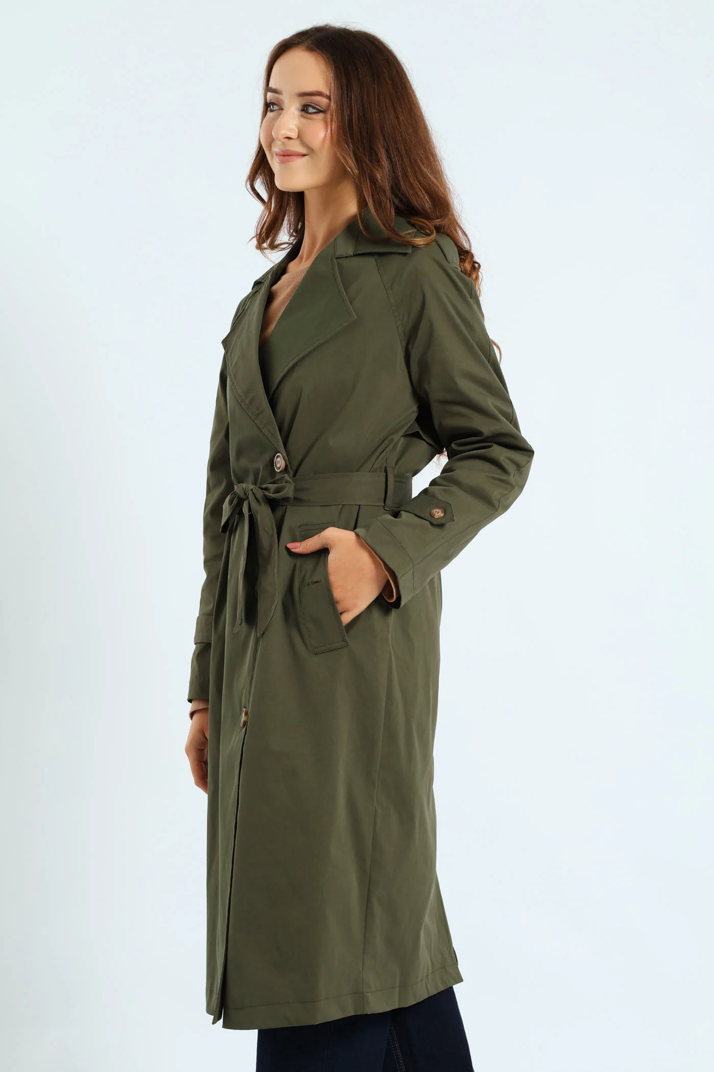Classic Button Detail Trench Coat With Epaulettes - Dark Fatigue - Image 3