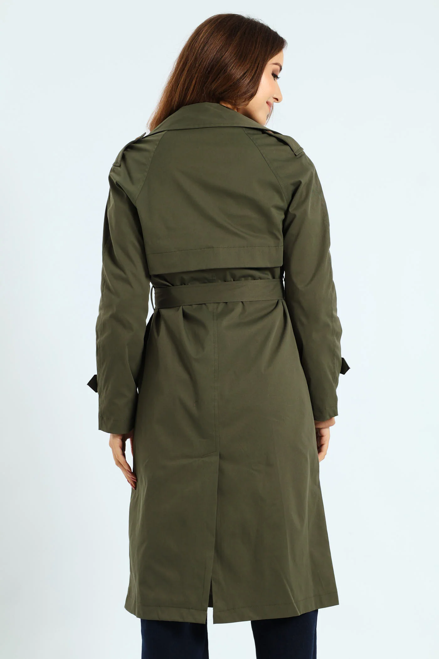 Classic Button Detail Trench Coat With Epaulettes - Dark Fatigue - Image 4
