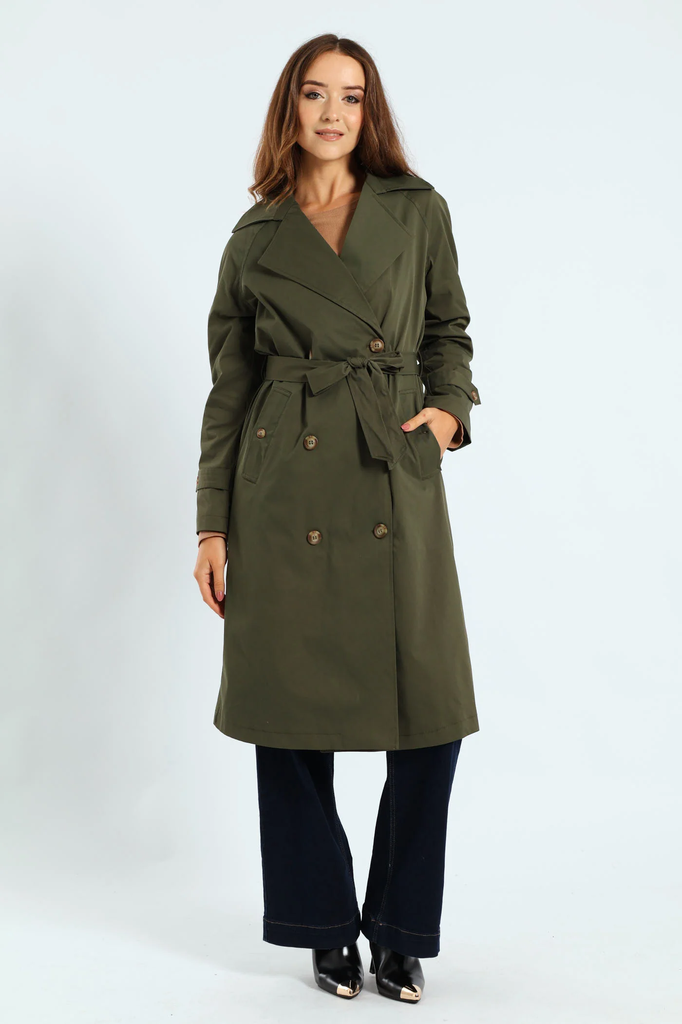 Classic Button Detail Trench Coat With Epaulettes - Dark Fatigue - Image 5