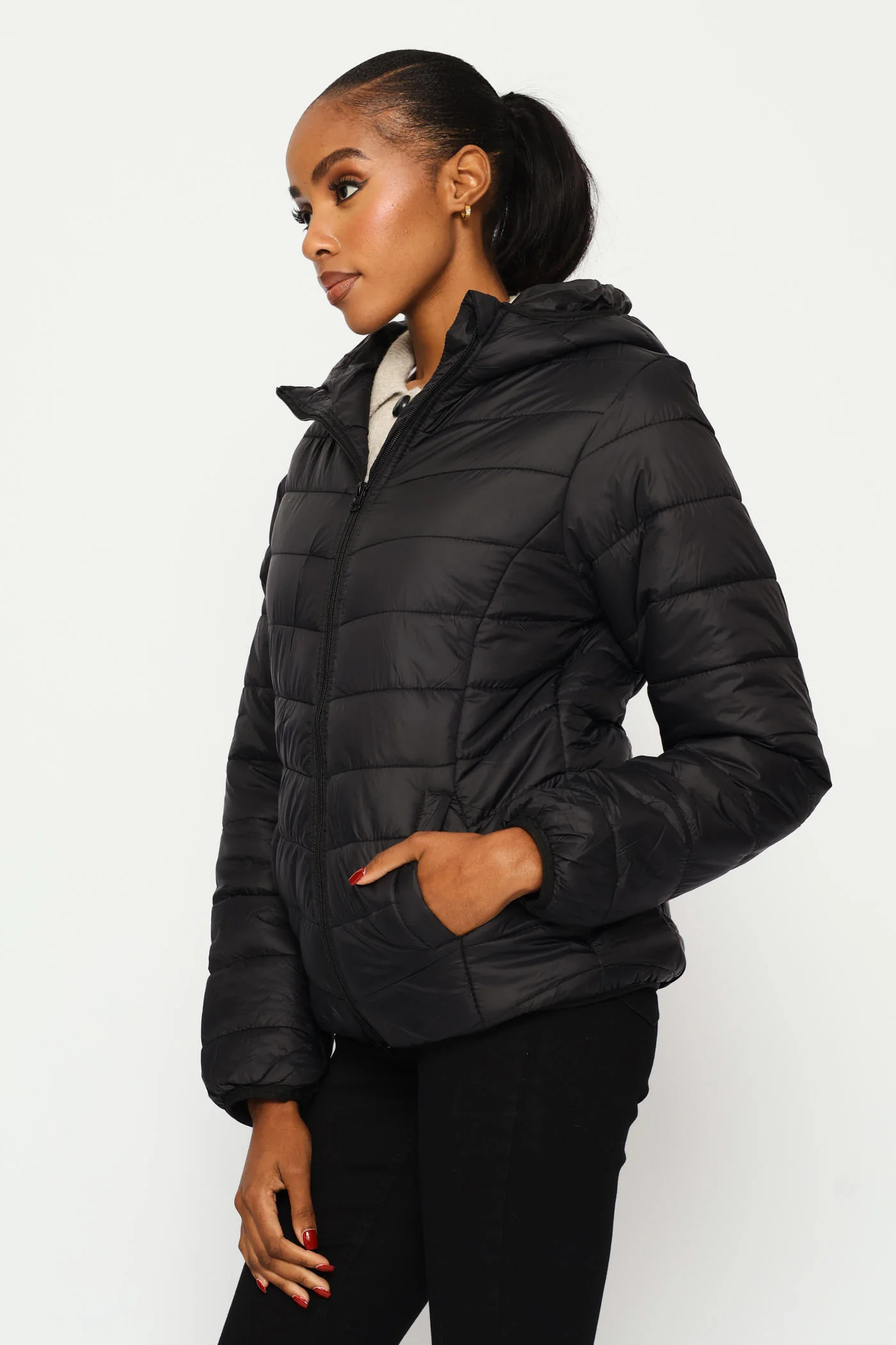 Classic Hooded Puffer Jacket - Black - Image 3