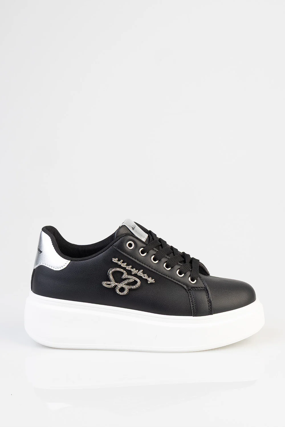 Classic Lace Up Logo Hardward Chunky Sneaker - Black - Image 4
