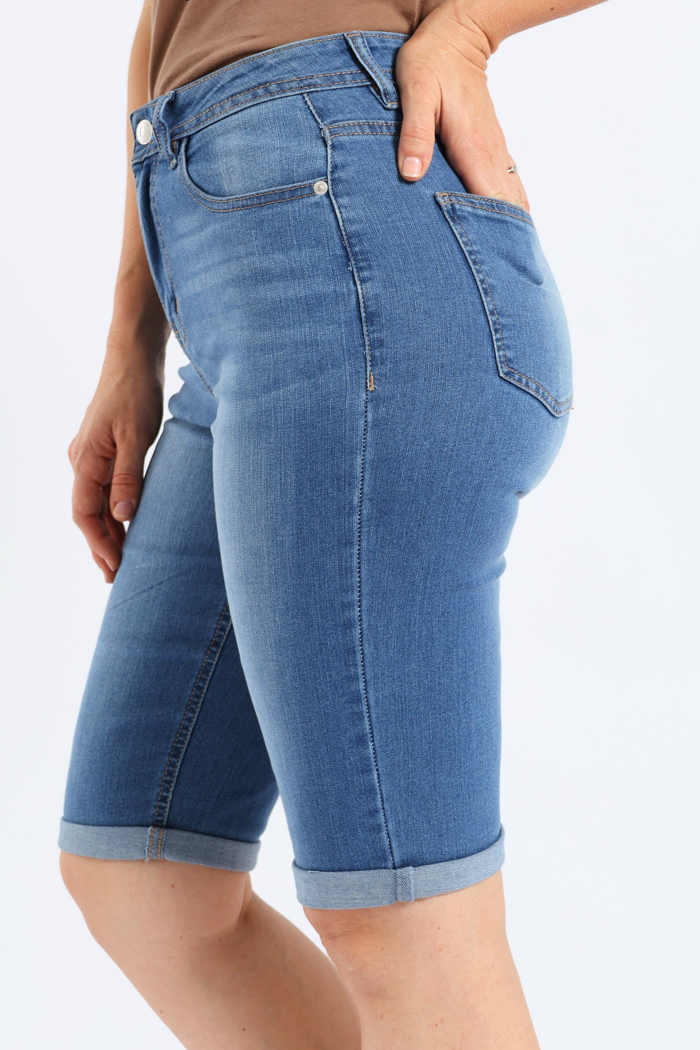 Classic Roll Hem Bermuda Supersoft Denim Short - Light Wash - Image 3