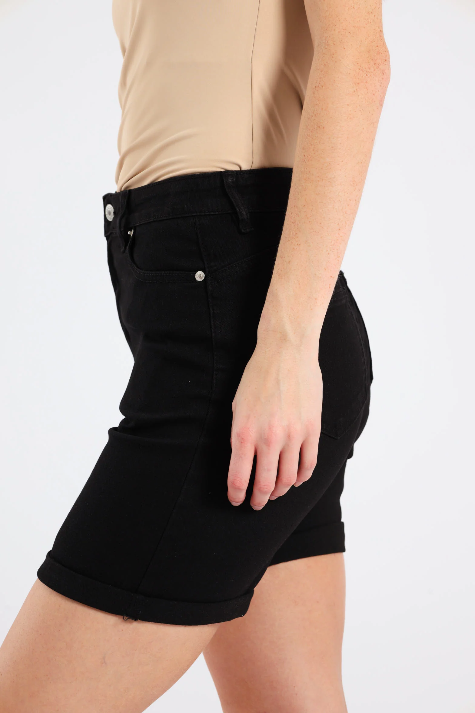 Classic Roll Hem Mid Thigh Supersoft Denim Short - Black - Image 2