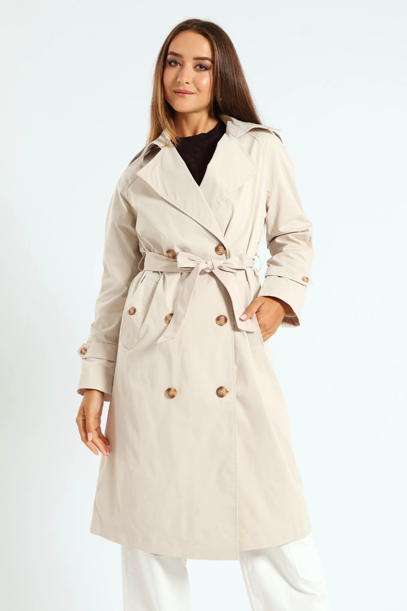 Classic Trench Coat With Epaulettes & Button Detail - Stone - Image 2
