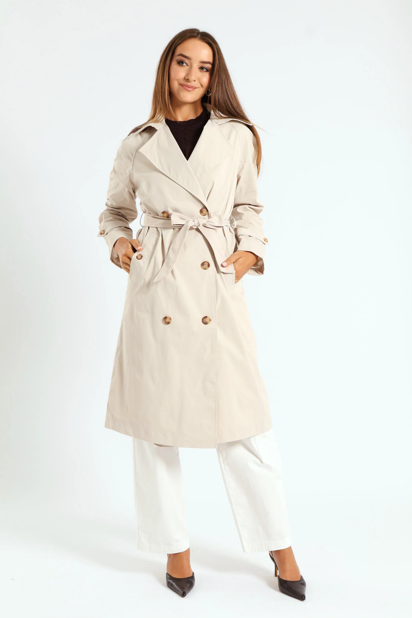 Classic Trench Coat With Epaulettes & Button Detail - Stone - Image 3