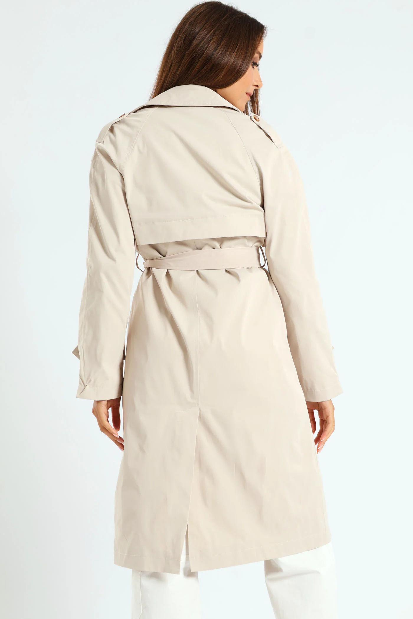 Classic Trench Coat With Epaulettes & Button Detail - Stone - Image 5