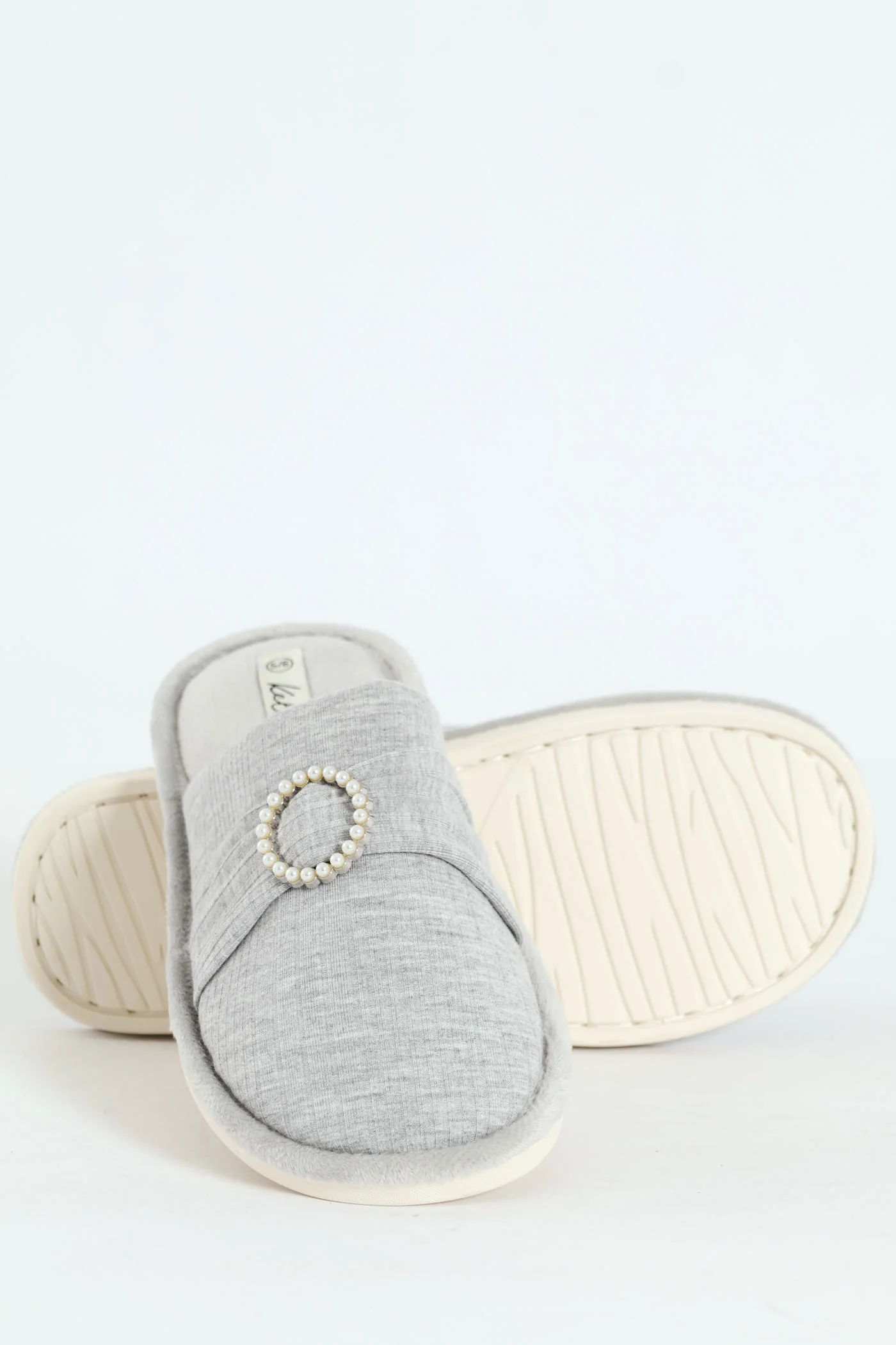Closed Toe Slipper With Pearl Trim Detail - Grey - Image 5