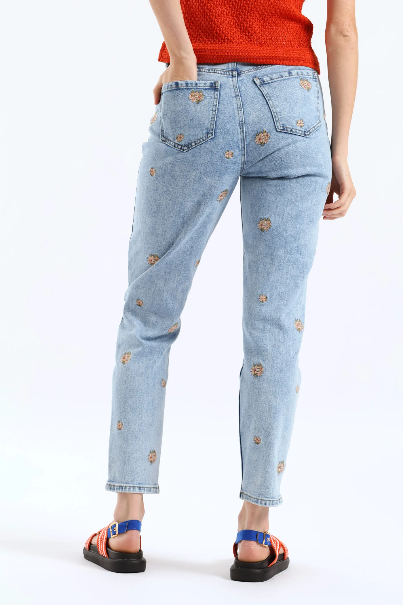 Clustered Floral Embroidered Mom Jean - Salty Light Wash - Image 3