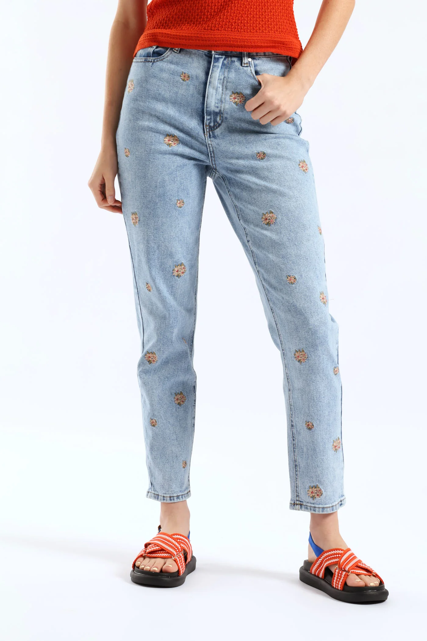Clustered Floral Embroidered Mom Jean - Salty Light Wash - Image 4