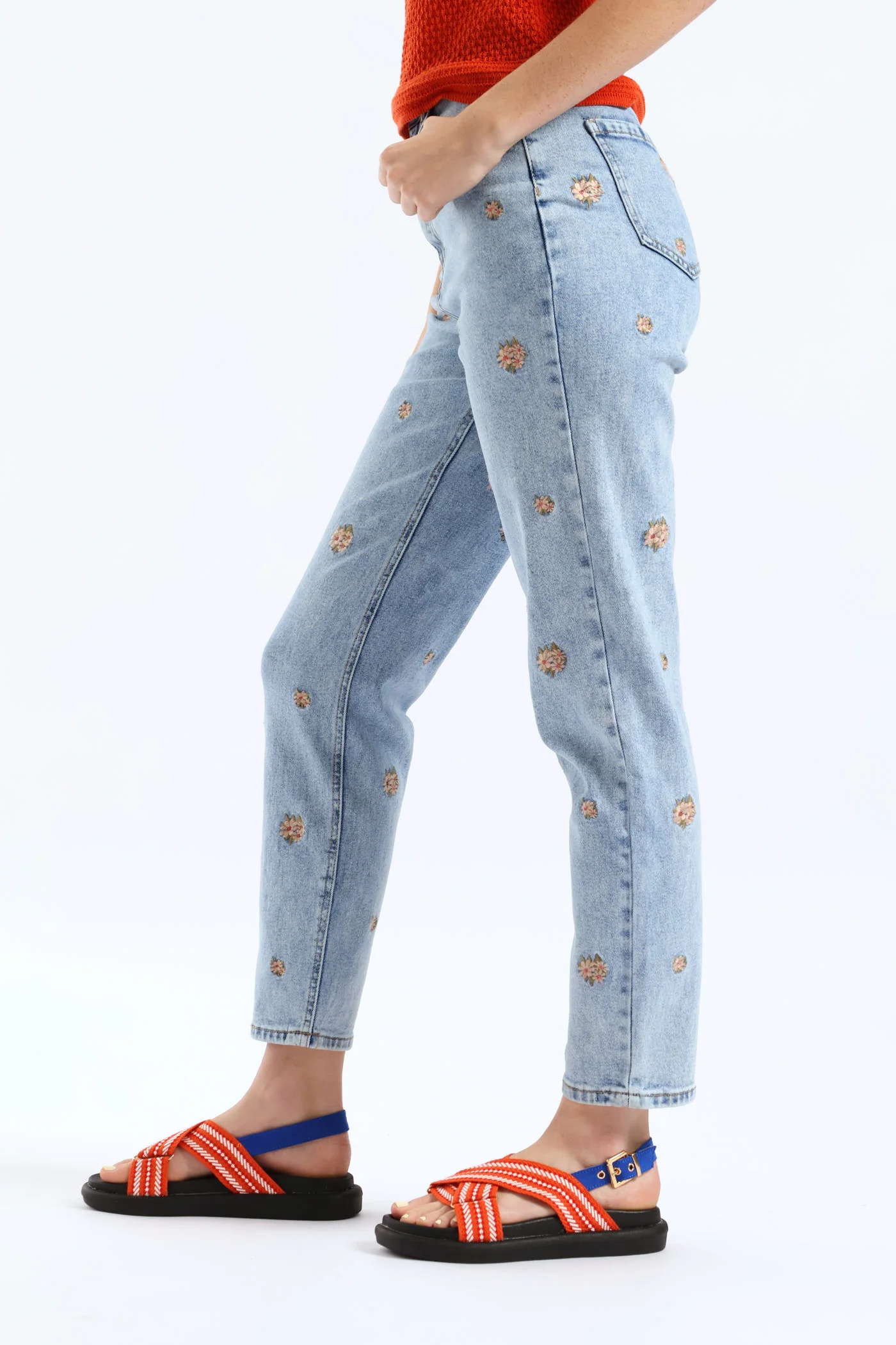 Clustered Floral Embroidered Mom Jean - Salty Light Wash - Image 5