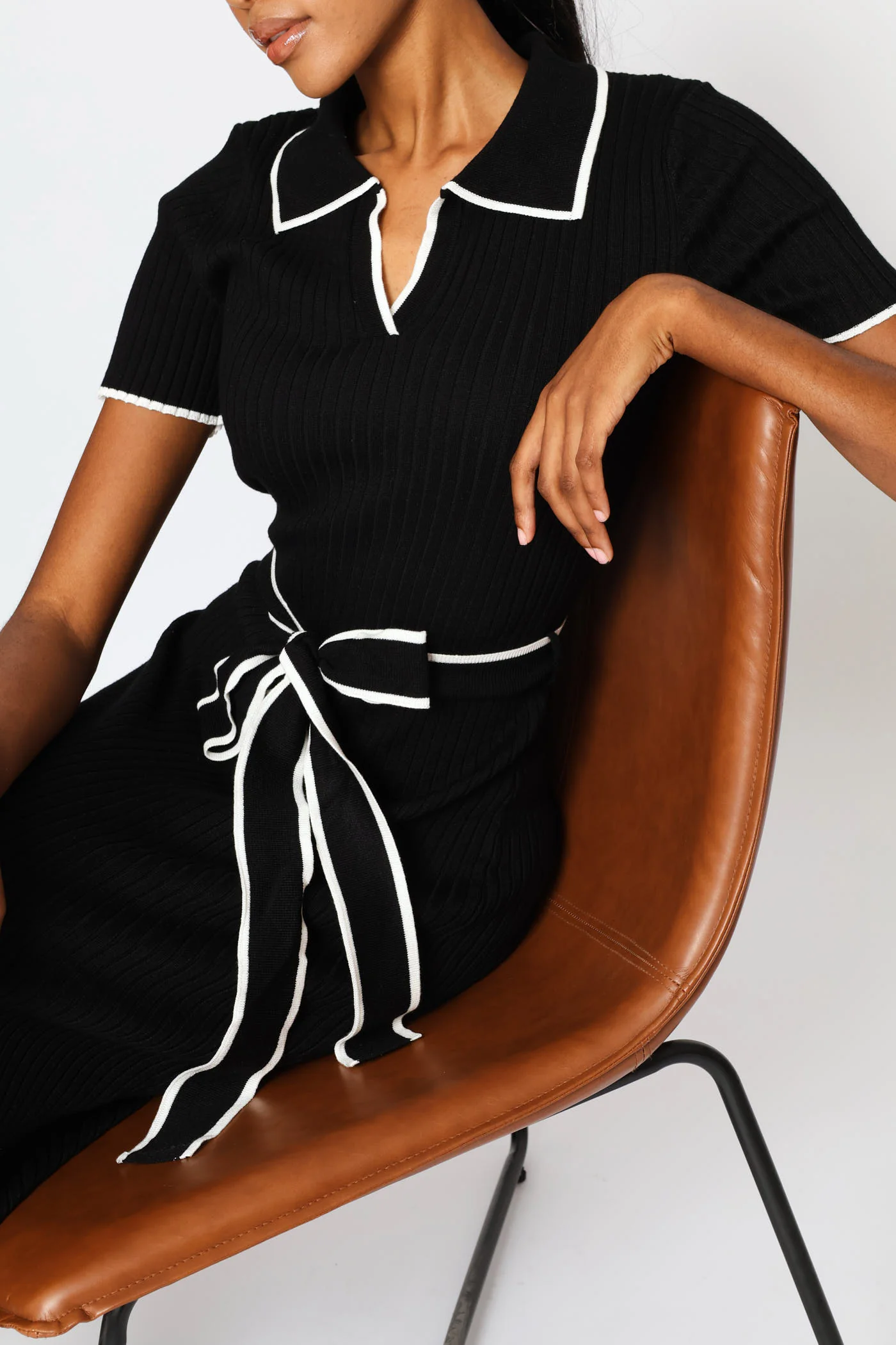Collar Tipped Knitwear Maxi Dress - Black/White - Image 2