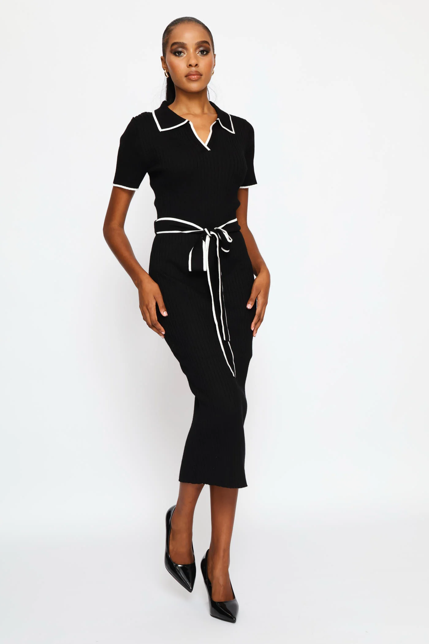 Collar Tipped Knitwear Maxi Dress - Black/White - Image 3