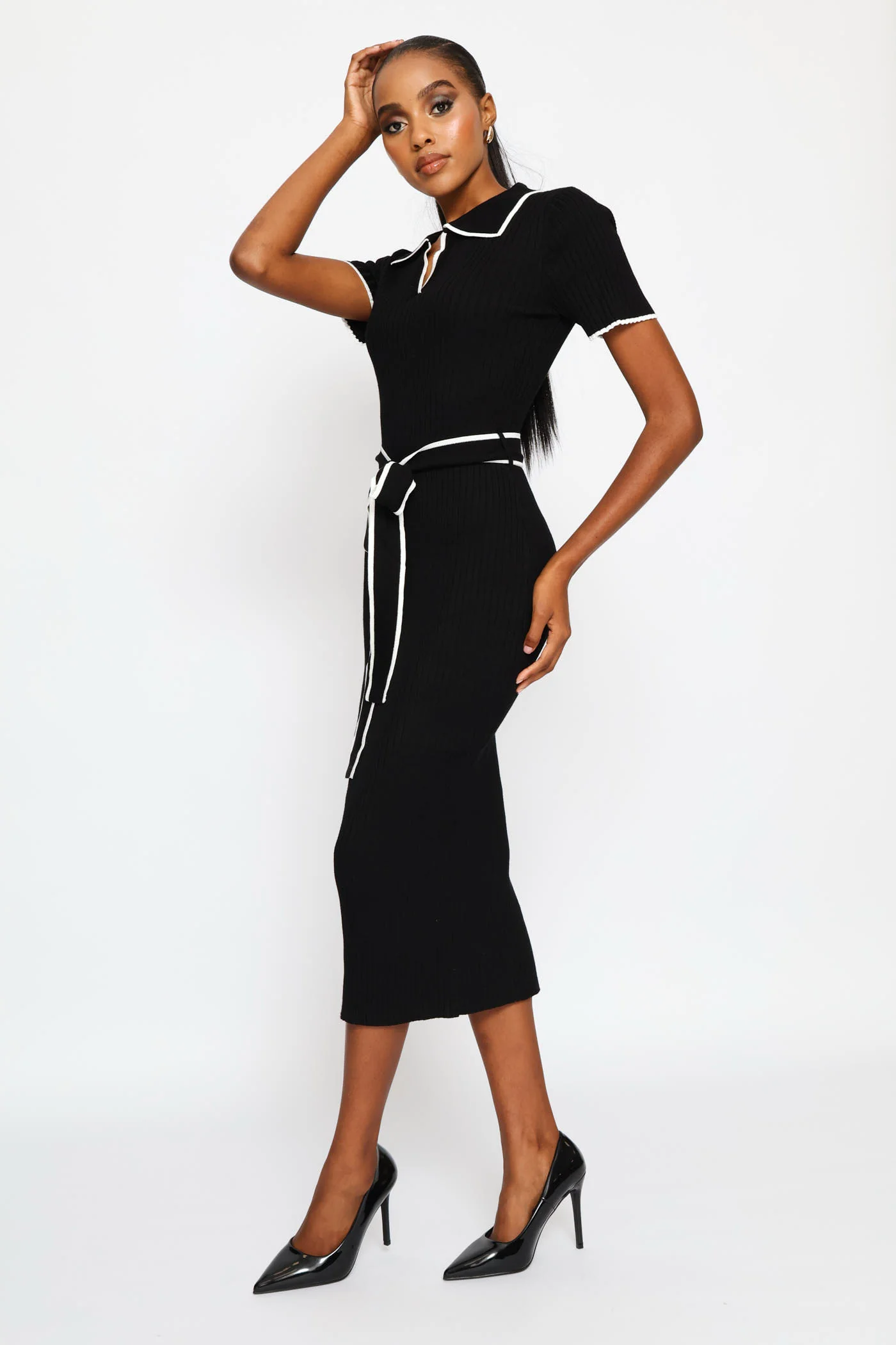 Collar Tipped Knitwear Maxi Dress - Black/White - Image 5