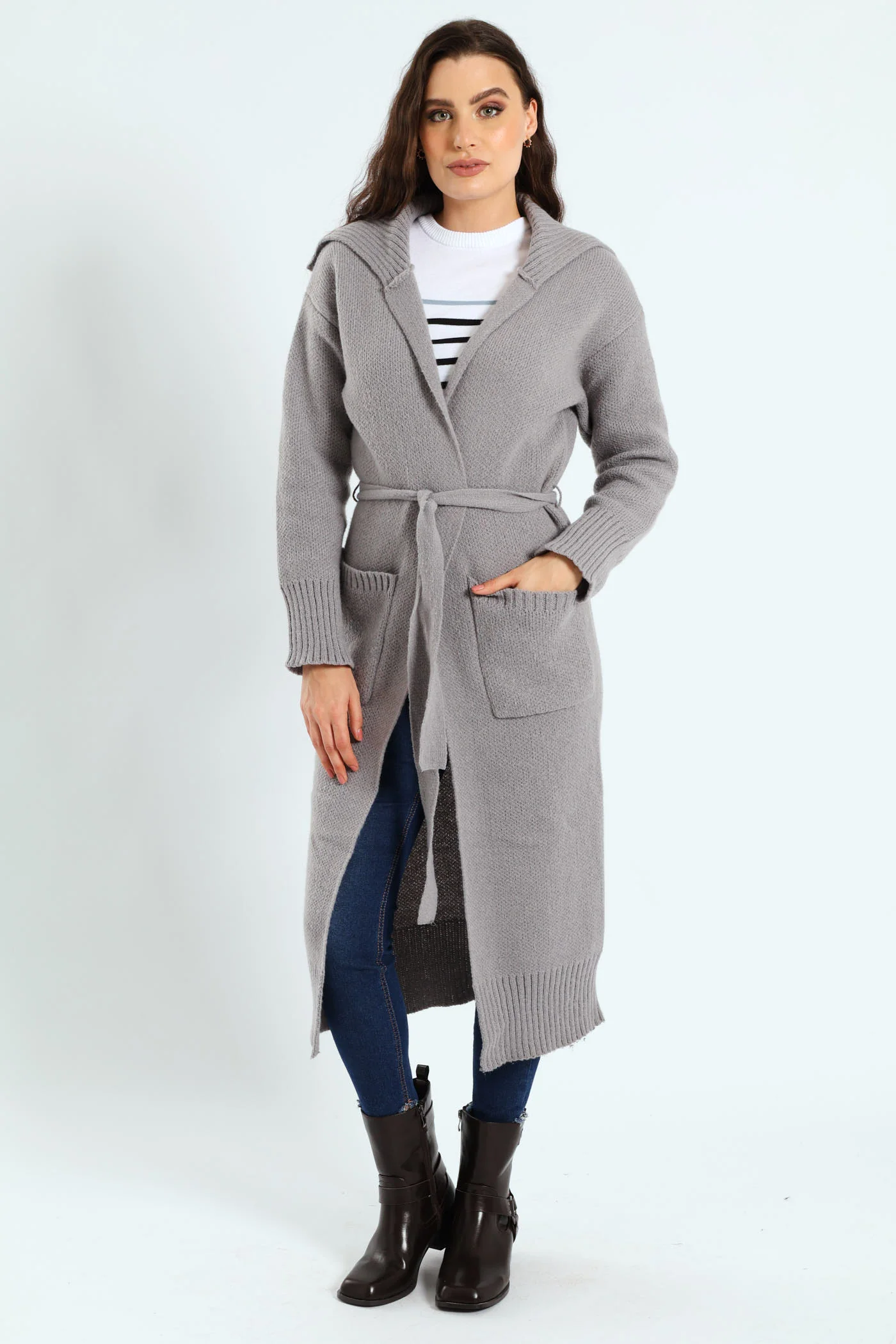 Collared Belted Long Cardigan - Grey Melange - Image 4