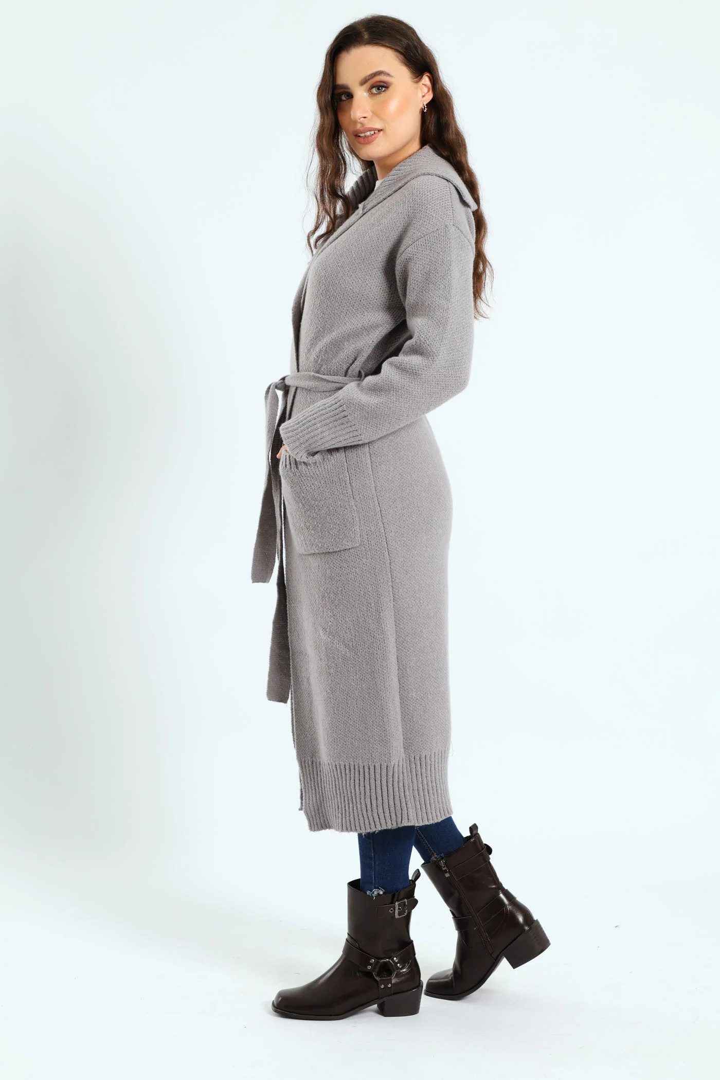 Collared Belted Long Cardigan - Grey Melange - Image 5