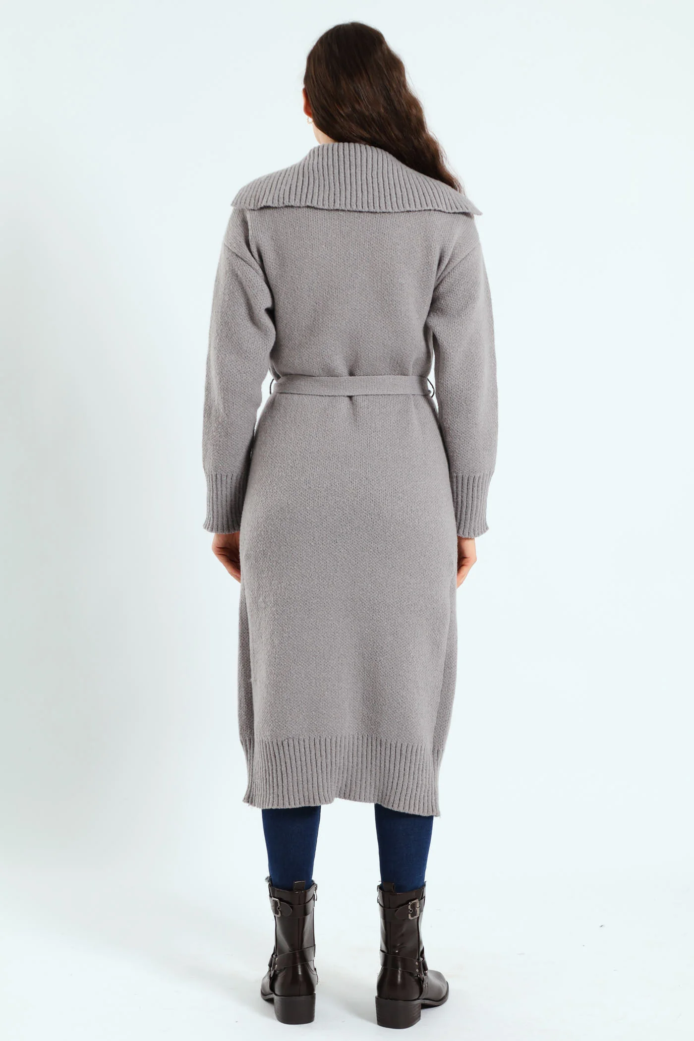 Collared Belted Long Cardigan - Grey Melange - Image 6
