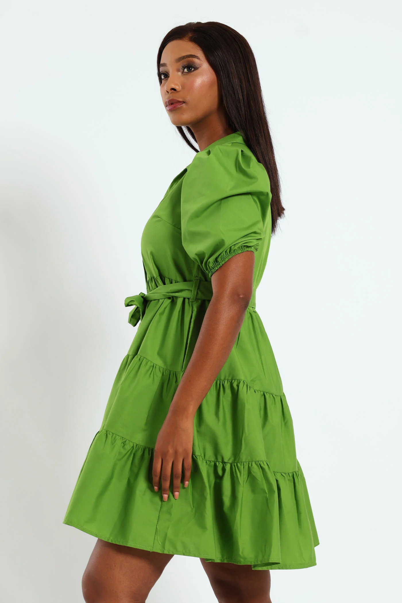 Collared Belted Tiered Shirt Dress - Chartreuse - Image 2