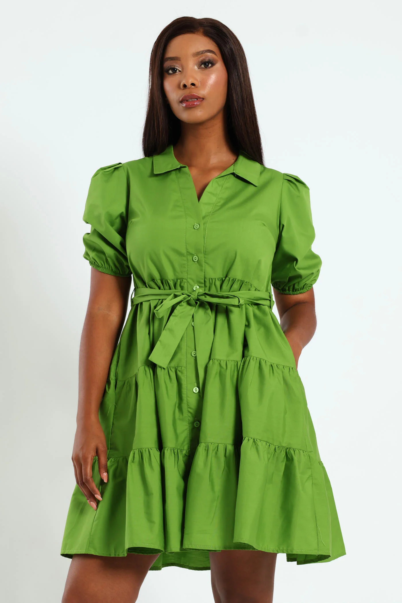 Collared Belted Tiered Shirt Dress - Chartreuse - Image 4