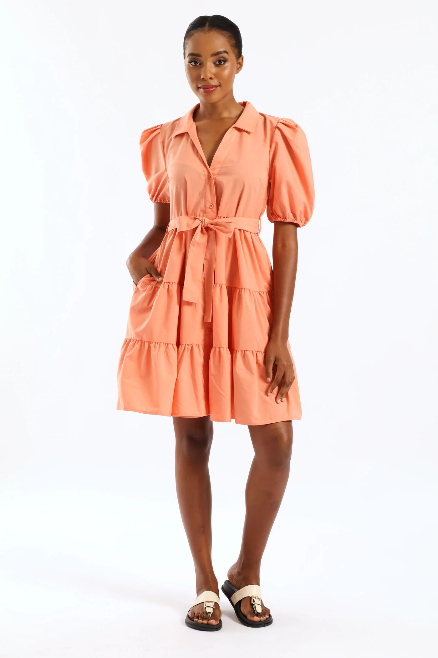 Collared Belted Tiered Shirt Dress - Dark Coral - Image 3