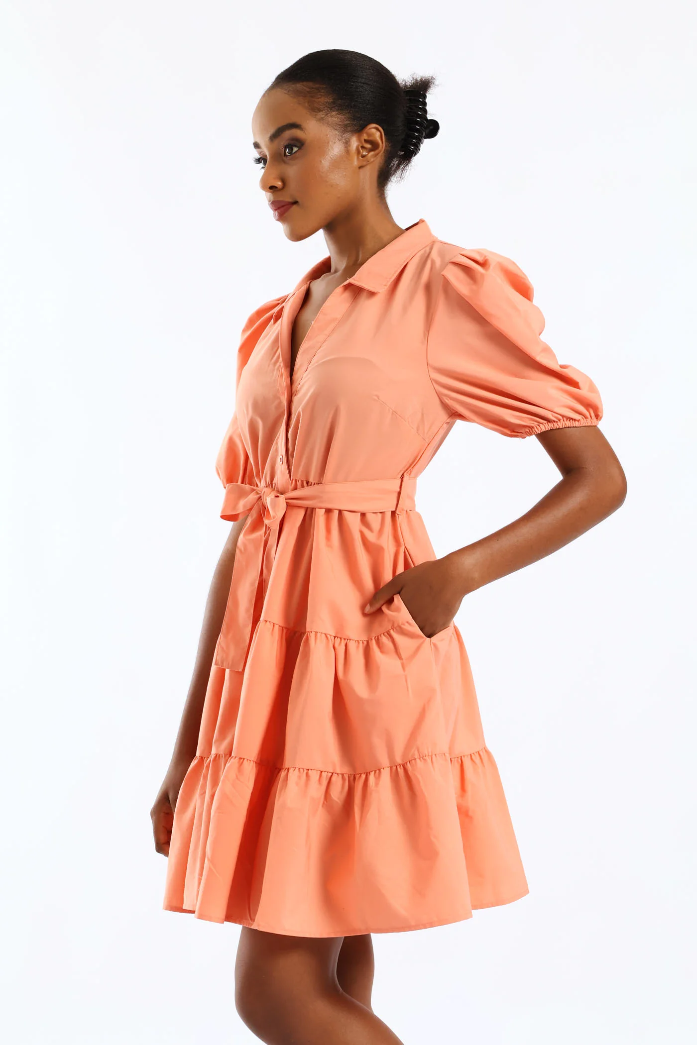 Collared Belted Tiered Shirt Dress - Dark Coral - Image 4