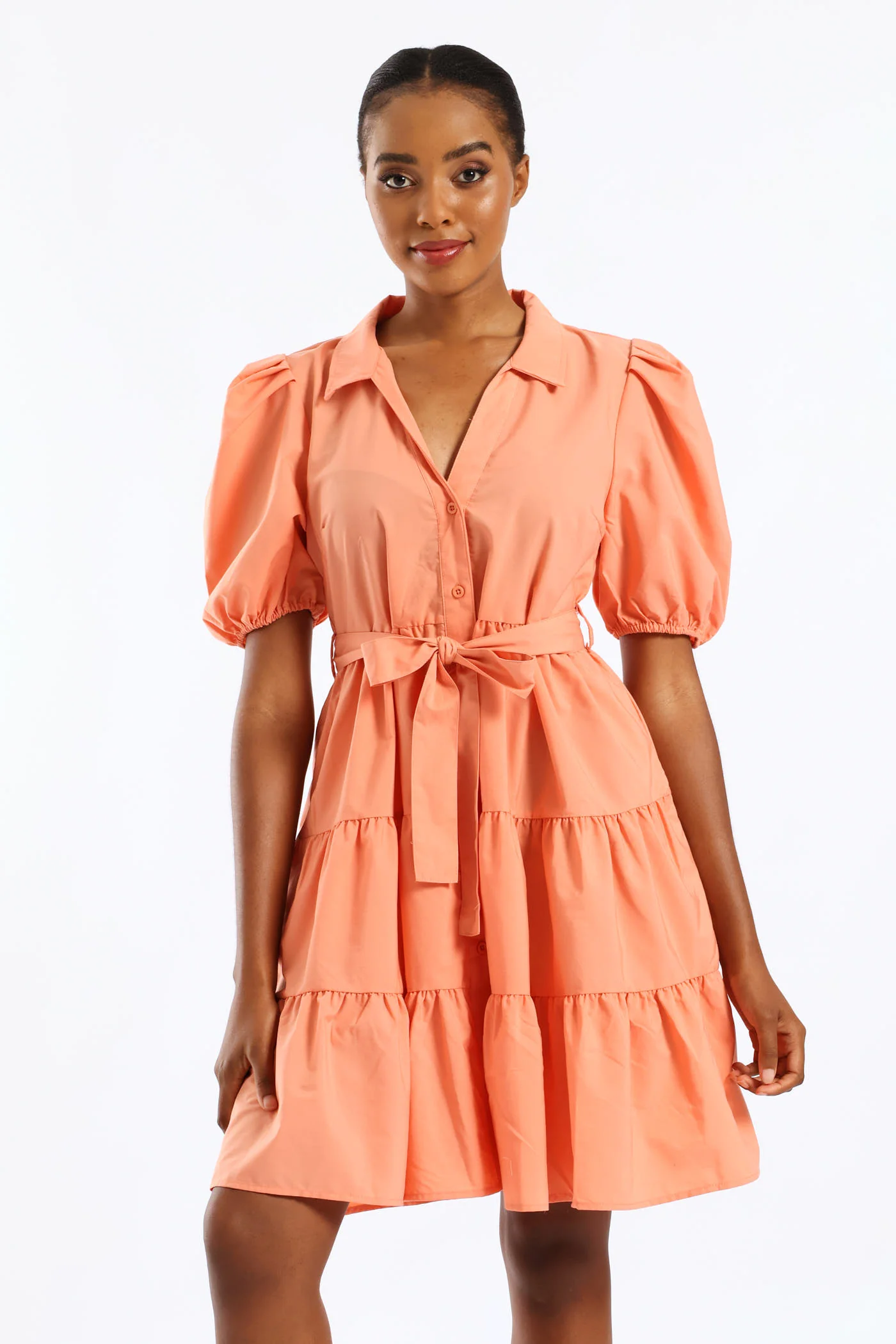 Collared Belted Tiered Shirt Dress - Dark Coral - Image 5