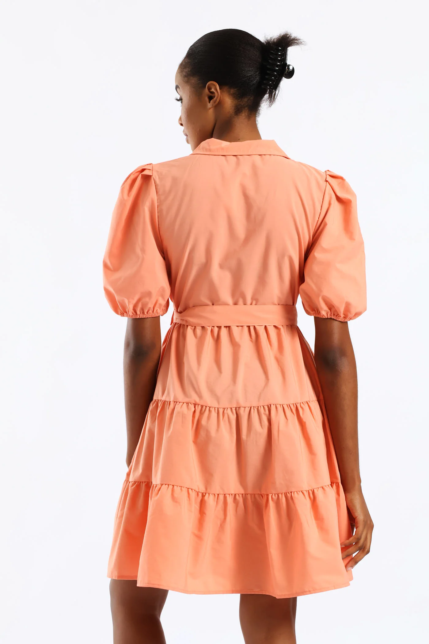 Collared Belted Tiered Shirt Dress - Dark Coral - Image 6