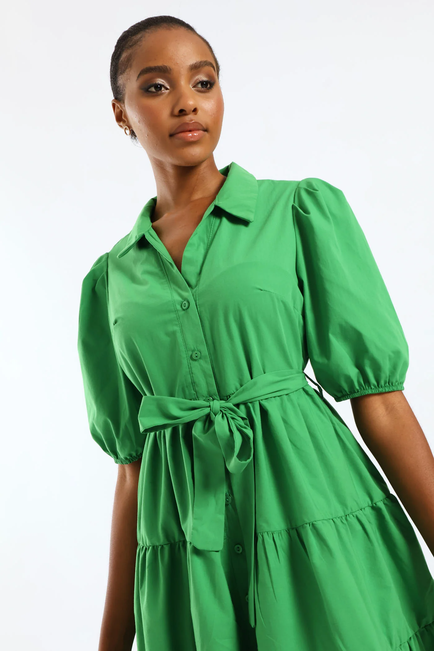 Collared Belted Tiered Shirt Dress - Emerald - Image 2