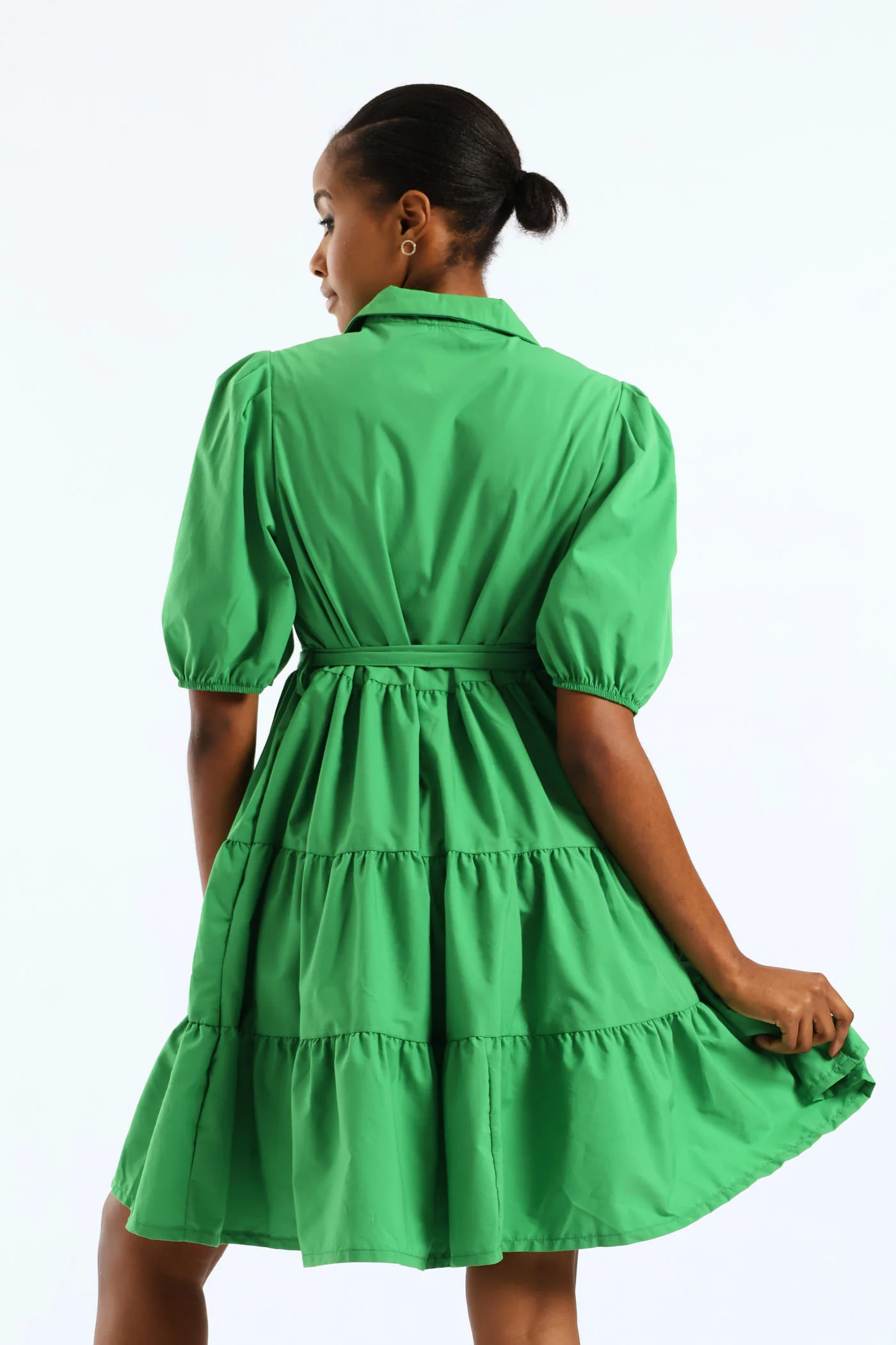 Collared Belted Tiered Shirt Dress - Emerald - Image 3