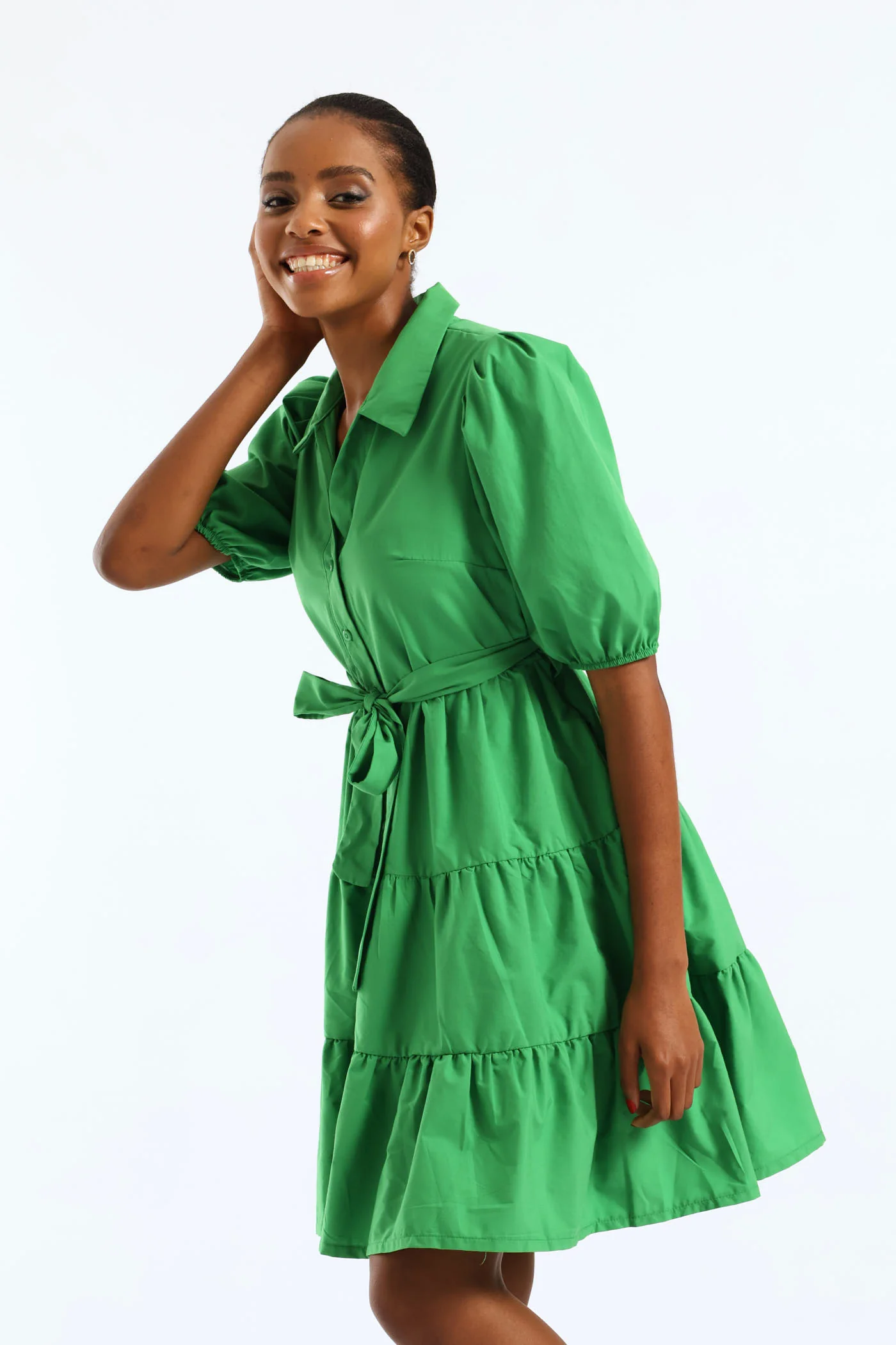 Collared Belted Tiered Shirt Dress - Emerald - Image 4