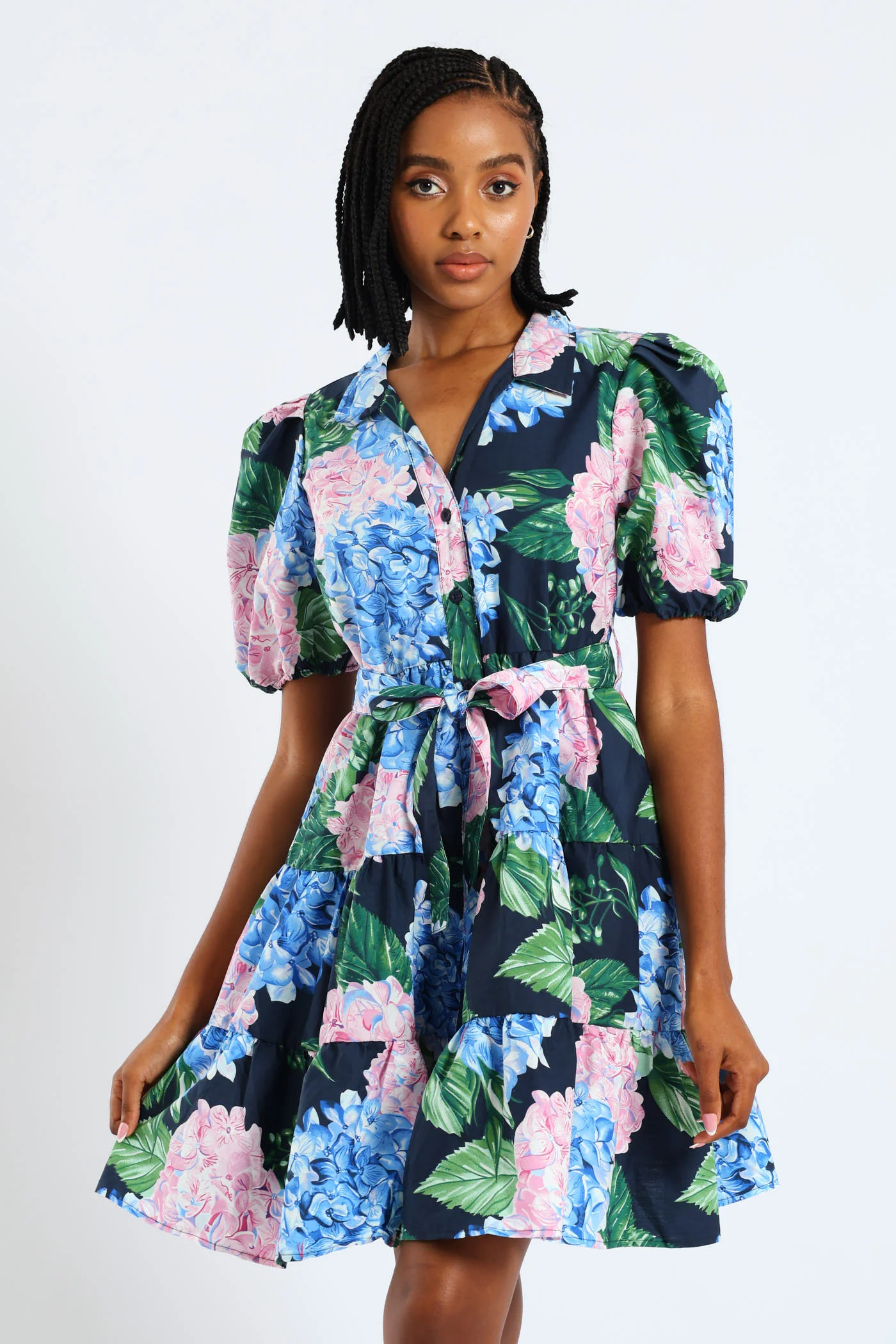 Collared Belted Tiered Shirt Dress - Multi - Image 2