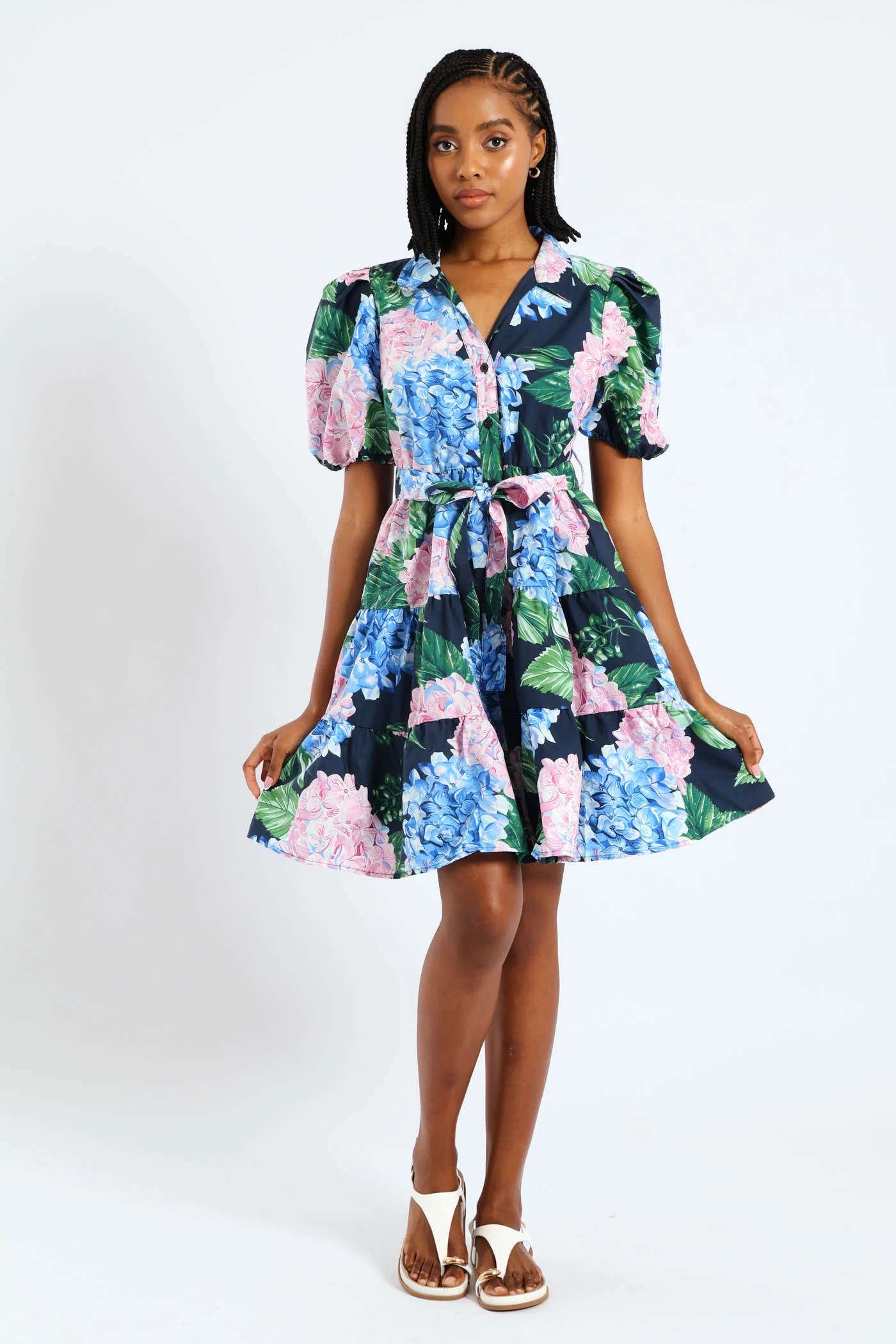 Collared Belted Tiered Shirt Dress - Multi - Image 3