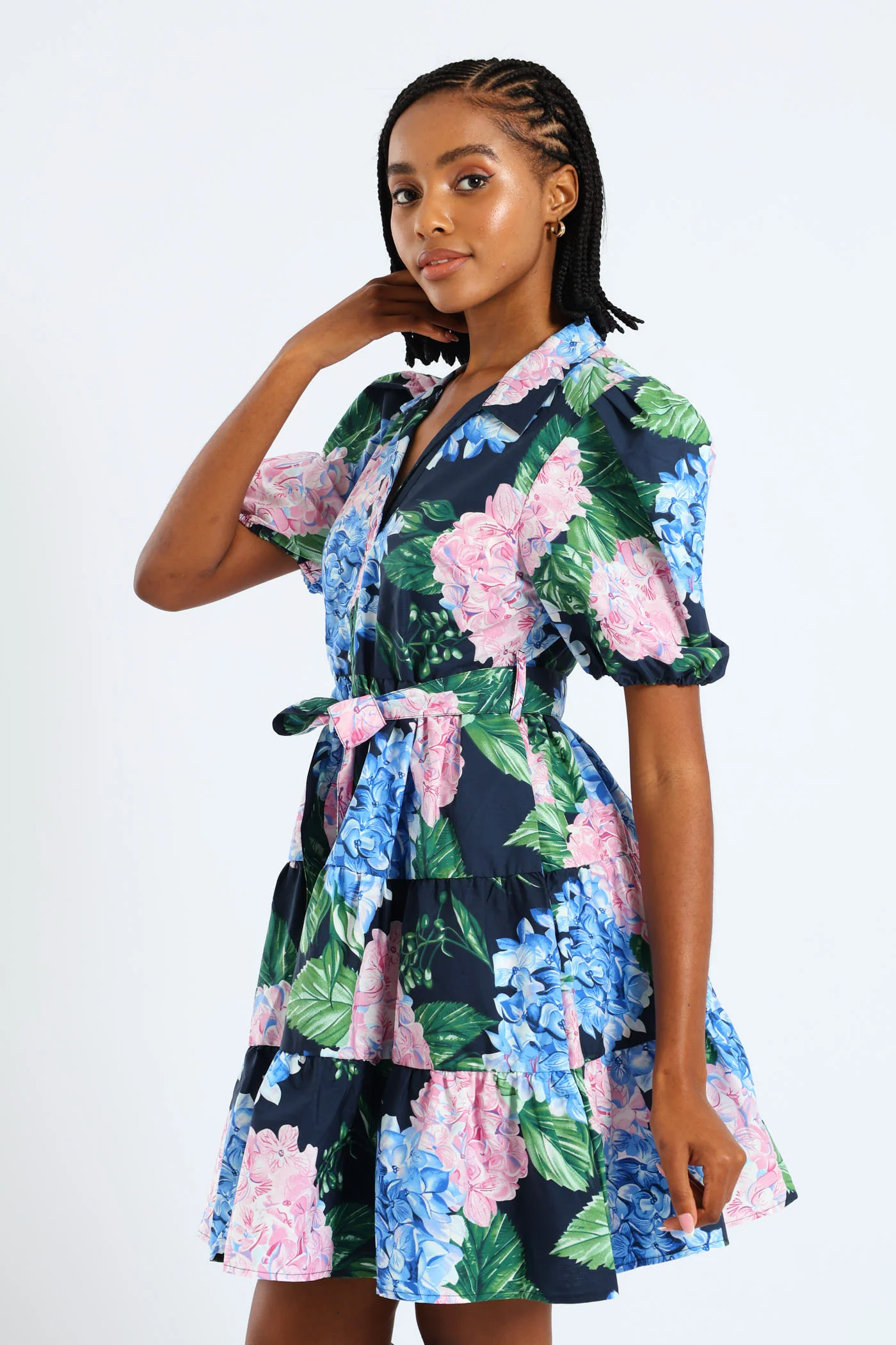 Collared Belted Tiered Shirt Dress - Multi - Image 4