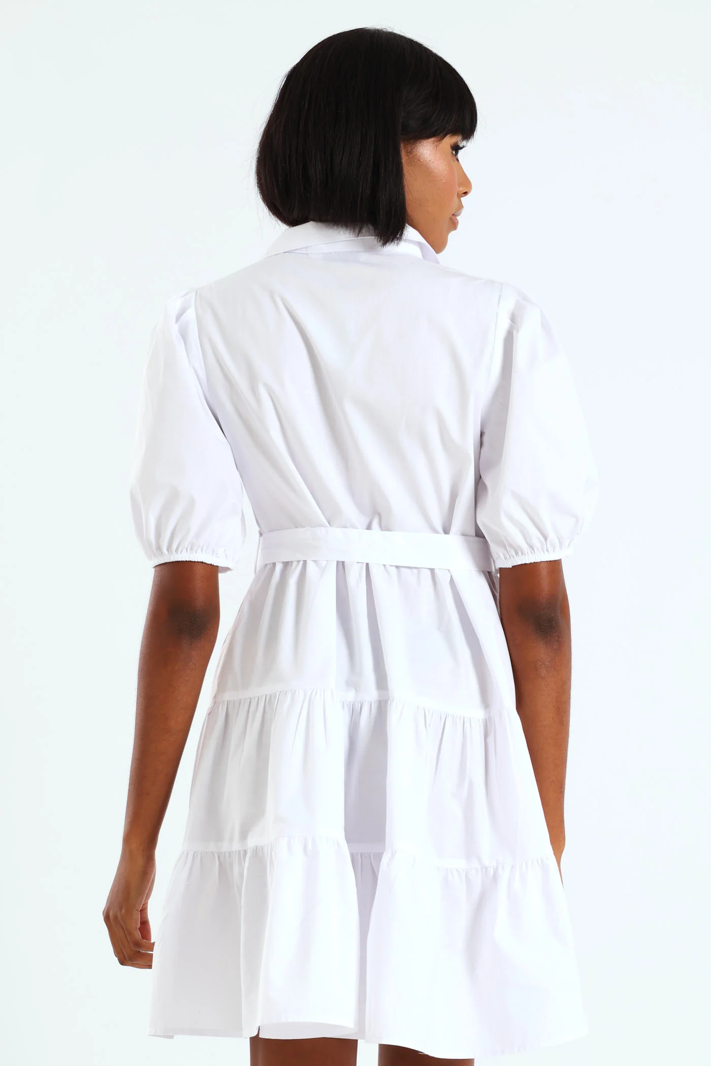 Collared Belted Tiered Shirt Dress - White - Image 2