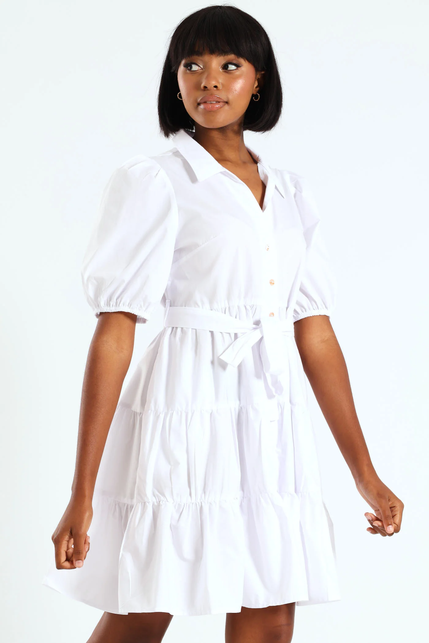 Collared Belted Tiered Shirt Dress - White - Image 3