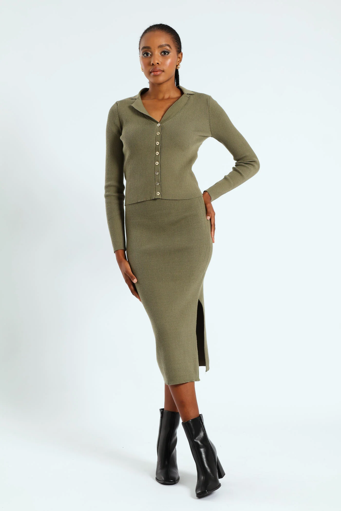 Collared Button Through Knitwear Top - Artichoke Green - Image 2