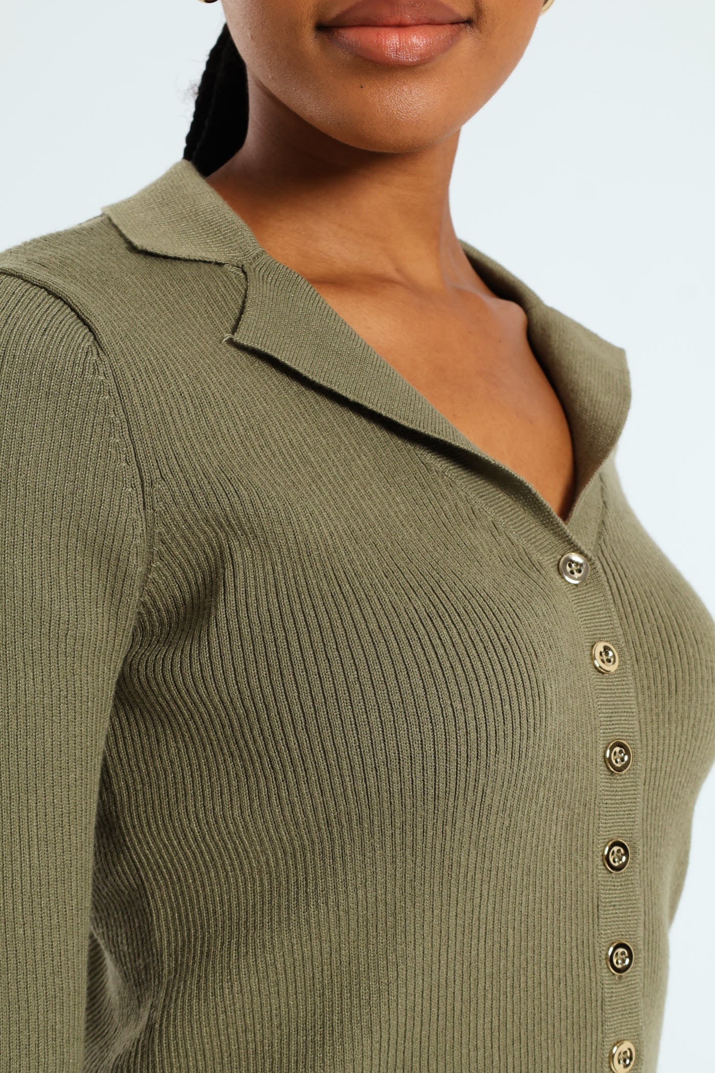 Collared Button Through Knitwear Top - Artichoke Green - Image 5